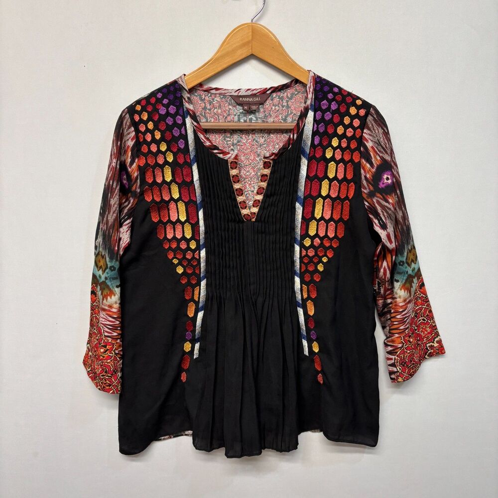 Anthropologie Ranna Gill Medium Boho Print 3/4 Sleeve Tunic Top Blouse D024 -27